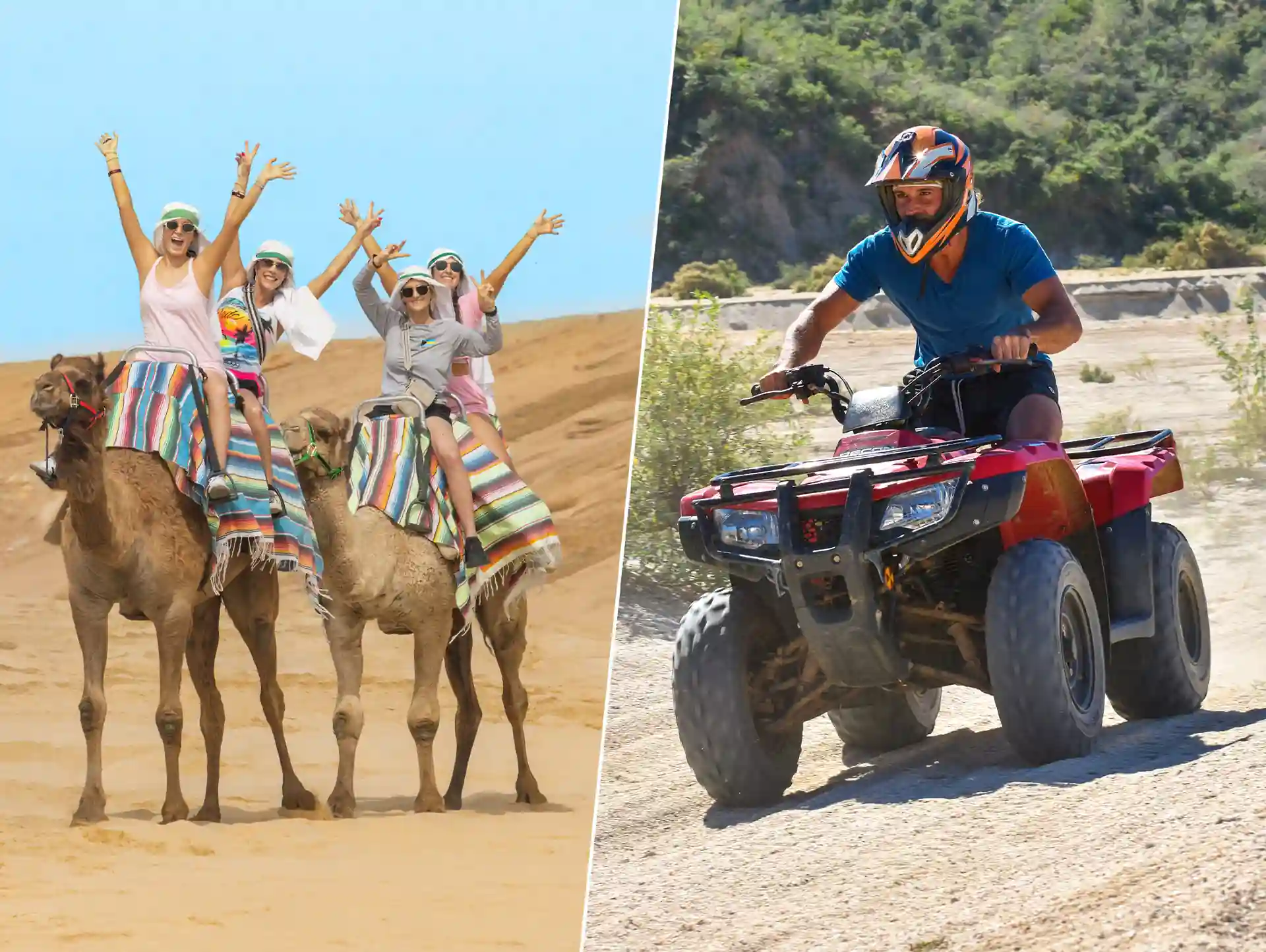 Grupo de personas montando camellos en el desierto junto a un hombre conduciendo una ATV roja en un camino de tierra, representando un combo de aventura.