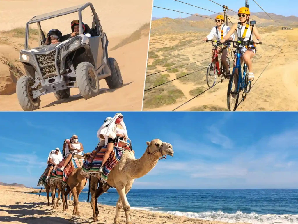 Collage de tres actividades que incluye UTV en dunas, bicicleta en tirolesa sobre el desierto y paseo en camello por la playa.
