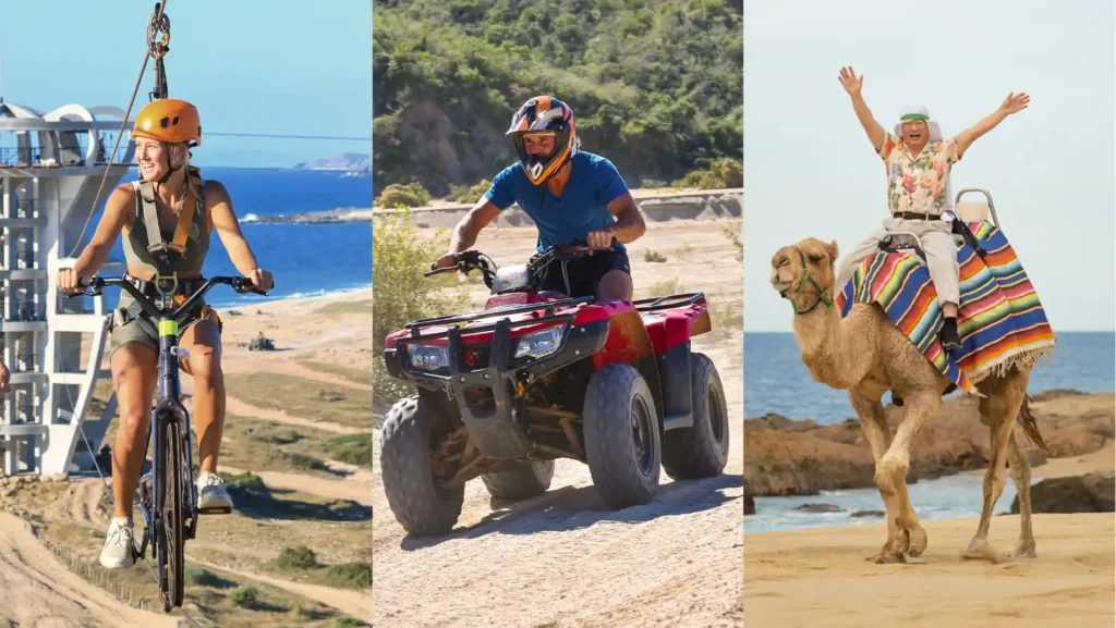 Imagen principal del Combo 3x1 con SkyBike sobre el mar, ATV en sendero desértico y paseo en camello junto a la playa.