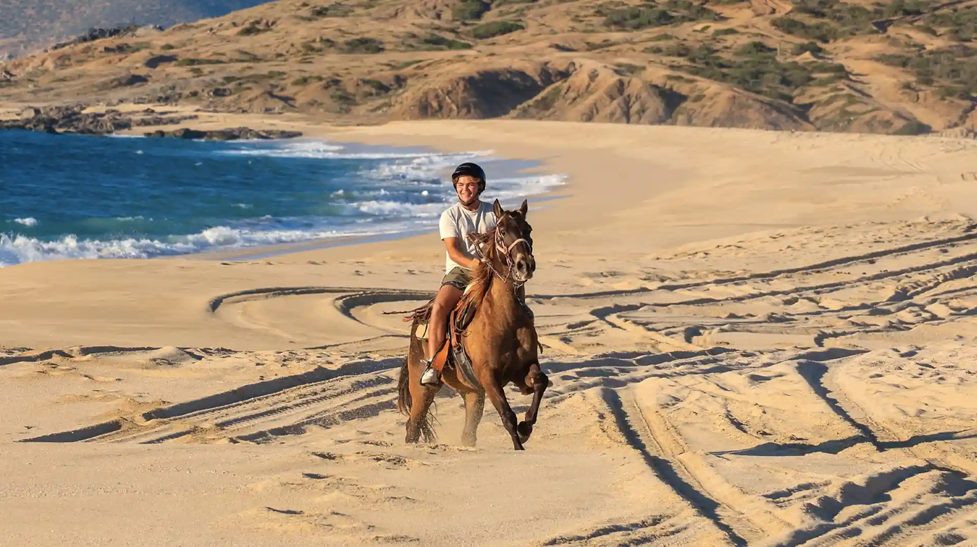 Persona montando a caballo en la playa de Los Cabos, con el mar y las dunas al fondo.